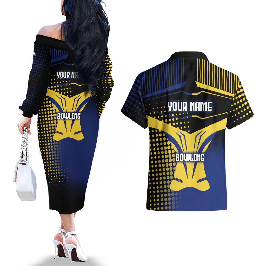 Personalized Blue and Yellow Bowling Couples Matching Off The Shoulder Long Sleeve Dress and Hawaiian Shirt with Striking Pins Retro Dot Pattern Design - Wonder Print Shop