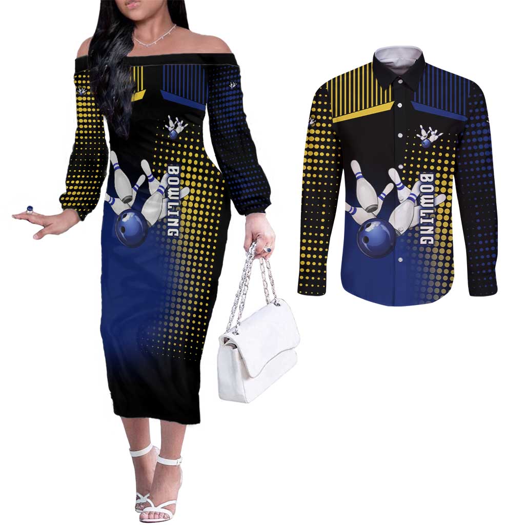 Personalized Blue and Yellow Bowling Couples Matching Off The Shoulder Long Sleeve Dress and Long Sleeve Button Shirt with Striking Pins Retro Dot Pattern Design - Wonder Print Shop
