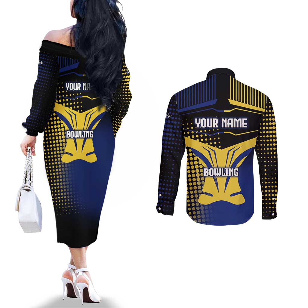 Personalized Blue and Yellow Bowling Couples Matching Off The Shoulder Long Sleeve Dress and Long Sleeve Button Shirt with Striking Pins Retro Dot Pattern Design - Wonder Print Shop