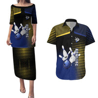 Personalized Blue and Yellow Bowling Couples Matching Puletasi and Hawaiian Shirt with Striking Pins Retro Dot Pattern Design - Wonder Print Shop