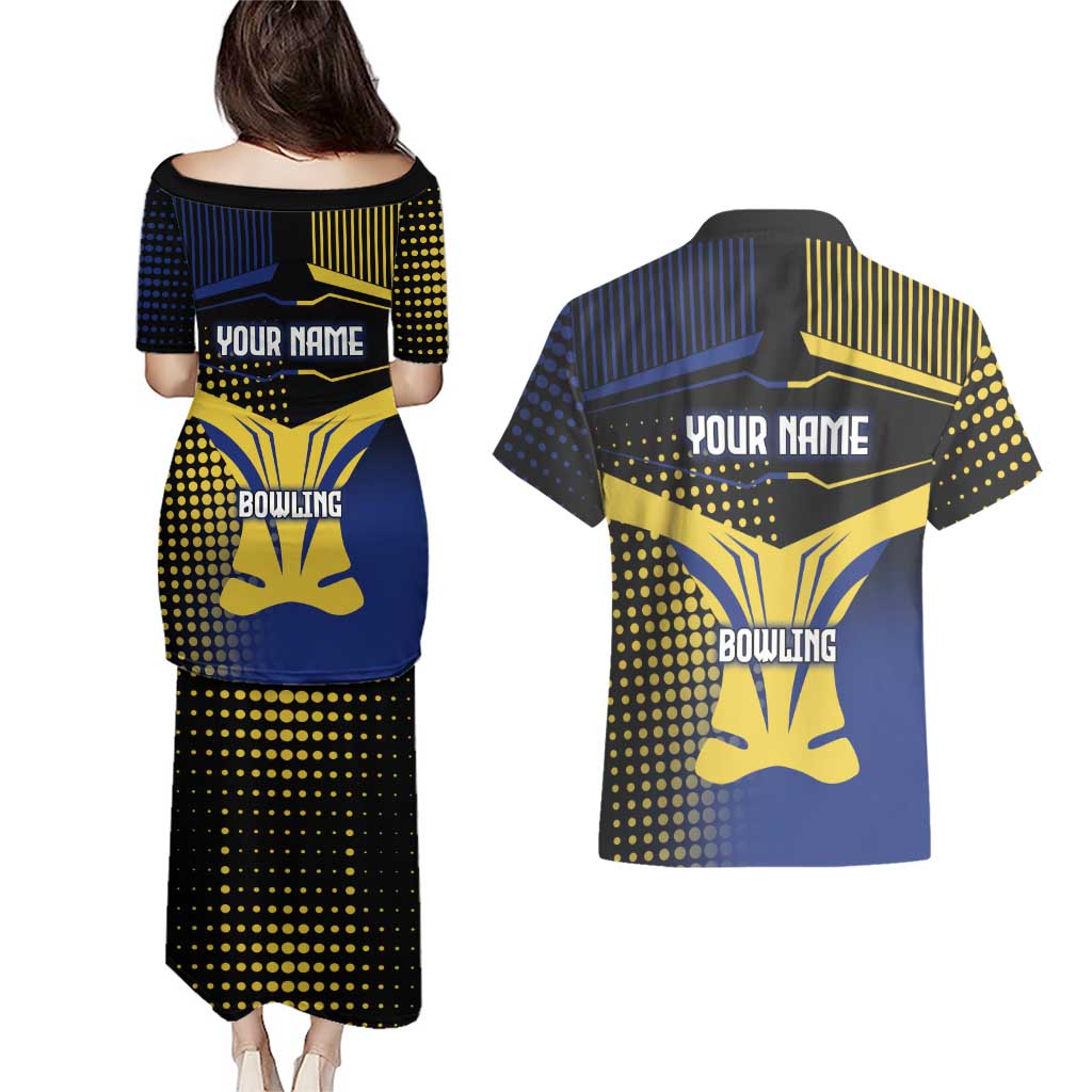 Personalized Blue and Yellow Bowling Couples Matching Puletasi and Hawaiian Shirt with Striking Pins Retro Dot Pattern Design - Wonder Print Shop