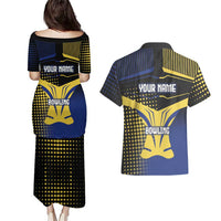 Personalized Blue and Yellow Bowling Couples Matching Puletasi and Hawaiian Shirt with Striking Pins Retro Dot Pattern Design - Wonder Print Shop