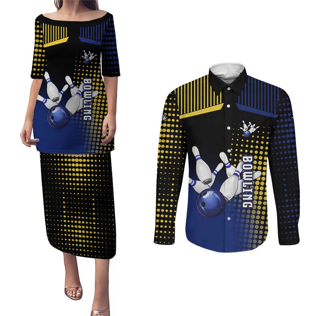 Personalized Blue and Yellow Bowling Couples Matching Puletasi and Long Sleeve Button Shirt with Striking Pins Retro Dot Pattern Design - Wonder Print Shop