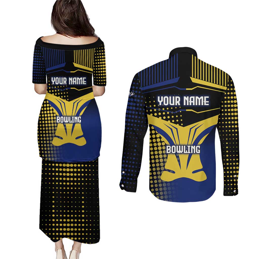 Personalized Blue and Yellow Bowling Couples Matching Puletasi and Long Sleeve Button Shirt with Striking Pins Retro Dot Pattern Design - Wonder Print Shop