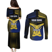 Personalized Blue and Yellow Bowling Couples Matching Puletasi and Long Sleeve Button Shirt with Striking Pins Retro Dot Pattern Design - Wonder Print Shop