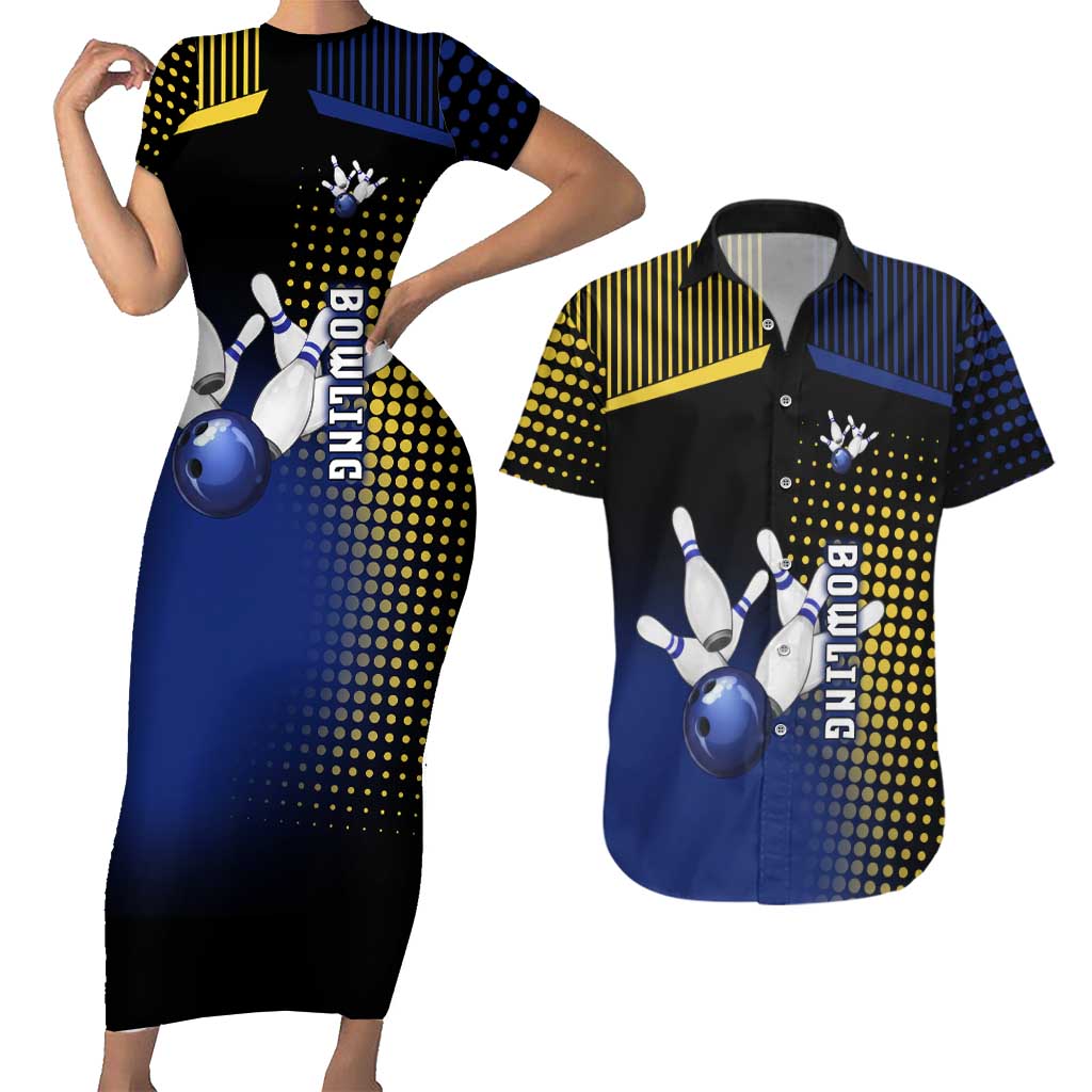 Personalized Blue and Yellow Bowling Couples Matching Short Sleeve Bodycon Dress and Hawaiian Shirt with Striking Pins Retro Dot Pattern Design - Wonder Print Shop