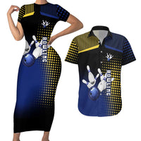 Personalized Blue and Yellow Bowling Couples Matching Short Sleeve Bodycon Dress and Hawaiian Shirt with Striking Pins Retro Dot Pattern Design - Wonder Print Shop