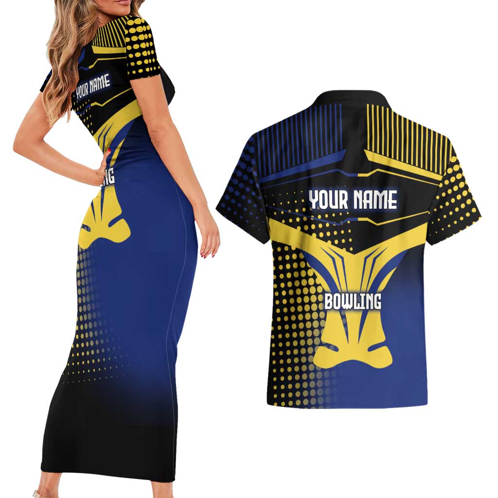 Personalized Blue and Yellow Bowling Couples Matching Short Sleeve Bodycon Dress and Hawaiian Shirt with Striking Pins Retro Dot Pattern Design - Wonder Print Shop