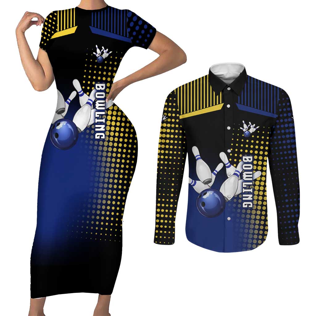 Personalized Blue and Yellow Bowling Couples Matching Short Sleeve Bodycon Dress and Long Sleeve Button Shirt with Striking Pins Retro Dot Pattern Design - Wonder Print Shop