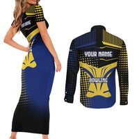 Personalized Blue and Yellow Bowling Couples Matching Short Sleeve Bodycon Dress and Long Sleeve Button Shirt with Striking Pins Retro Dot Pattern Design - Wonder Print Shop