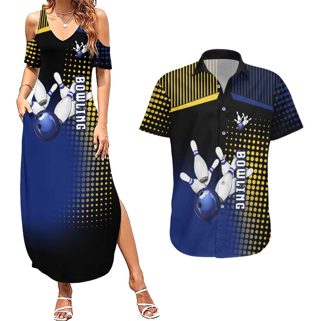 Personalized Blue and Yellow Bowling Couples Matching Summer Maxi Dress and Hawaiian Shirt with Striking Pins Retro Dot Pattern Design - Wonder Print Shop