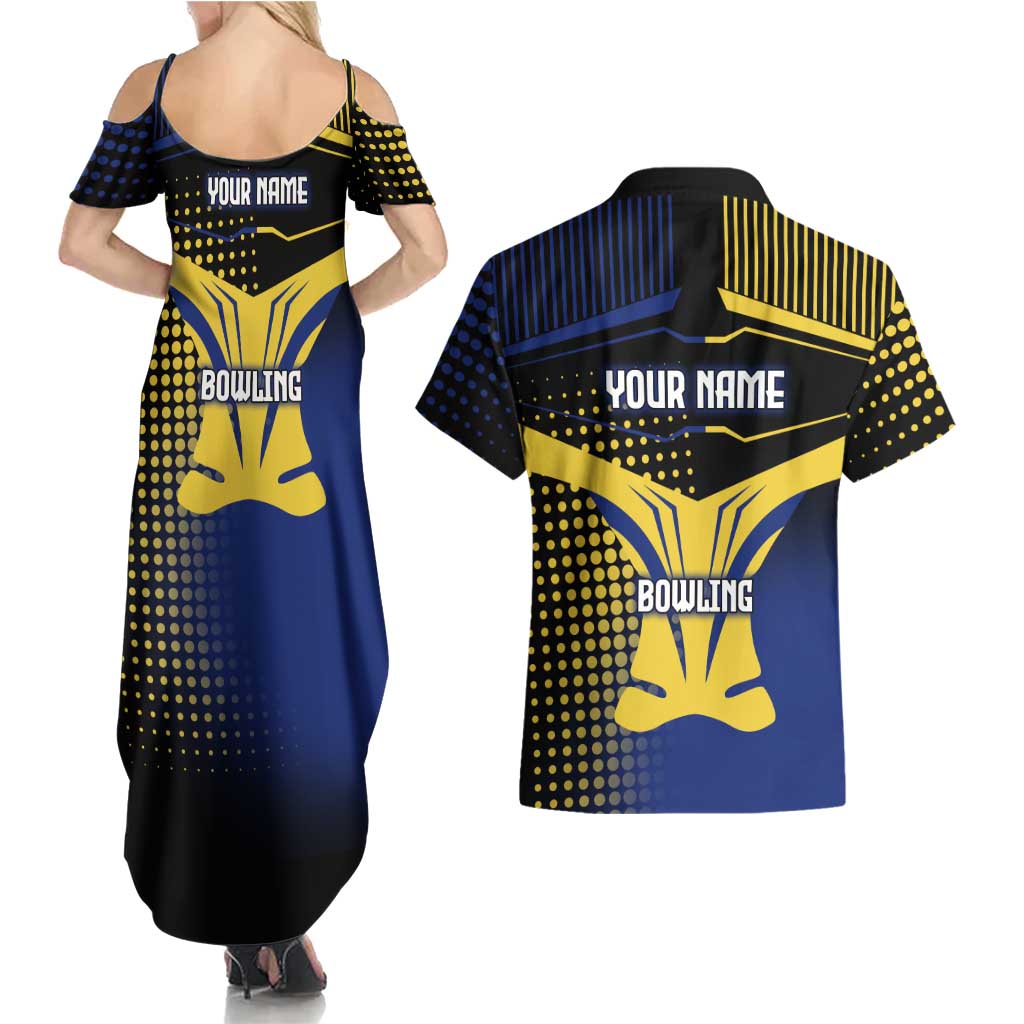 Personalized Blue and Yellow Bowling Couples Matching Summer Maxi Dress and Hawaiian Shirt with Striking Pins Retro Dot Pattern Design - Wonder Print Shop