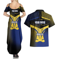 Personalized Blue and Yellow Bowling Couples Matching Summer Maxi Dress and Hawaiian Shirt with Striking Pins Retro Dot Pattern Design - Wonder Print Shop
