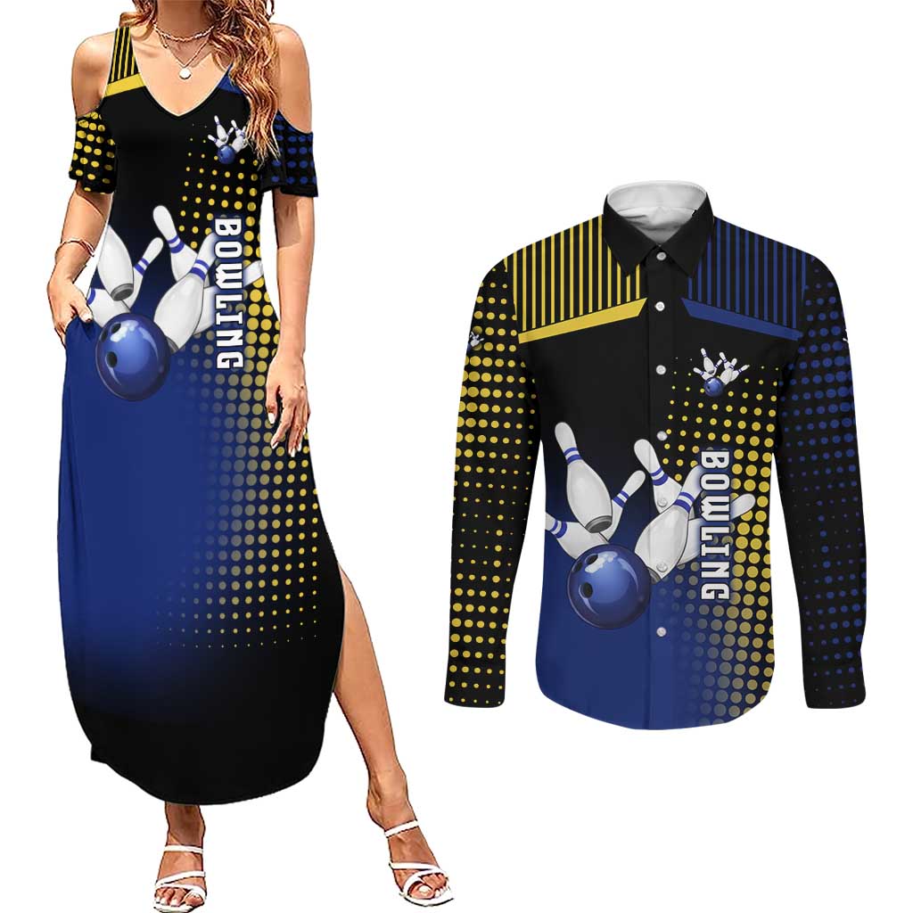Personalized Blue and Yellow Bowling Couples Matching Summer Maxi Dress and Long Sleeve Button Shirt with Striking Pins Retro Dot Pattern Design - Wonder Print Shop