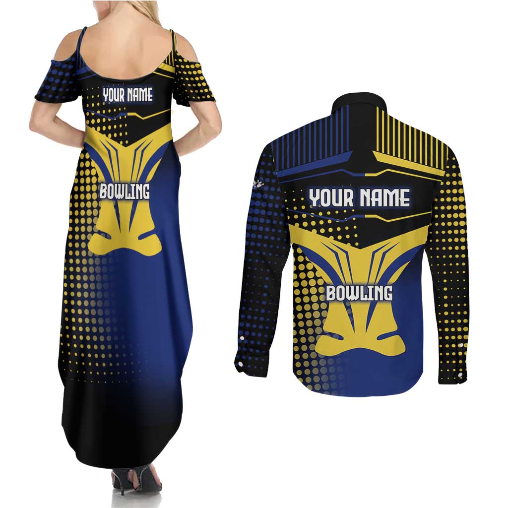 Personalized Blue and Yellow Bowling Couples Matching Summer Maxi Dress and Long Sleeve Button Shirt with Striking Pins Retro Dot Pattern Design - Wonder Print Shop