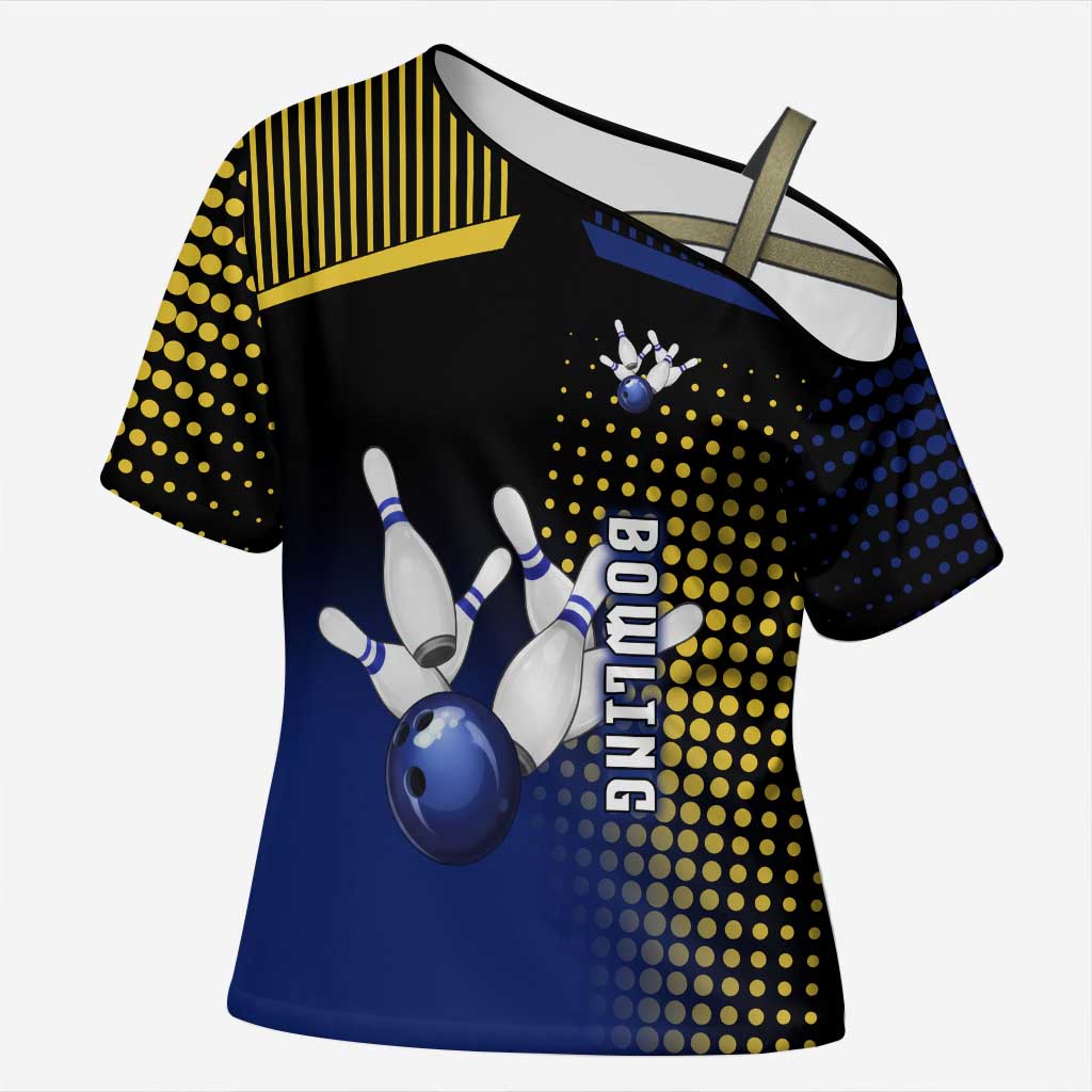 Personalized Blue and Yellow Bowling Cross Shoulder Shirt with Striking Pins Retro Dot Pattern Design - Wonder Print Shop