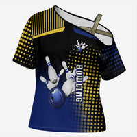 Personalized Blue and Yellow Bowling Cross Shoulder Shirt with Striking Pins Retro Dot Pattern Design - Wonder Print Shop