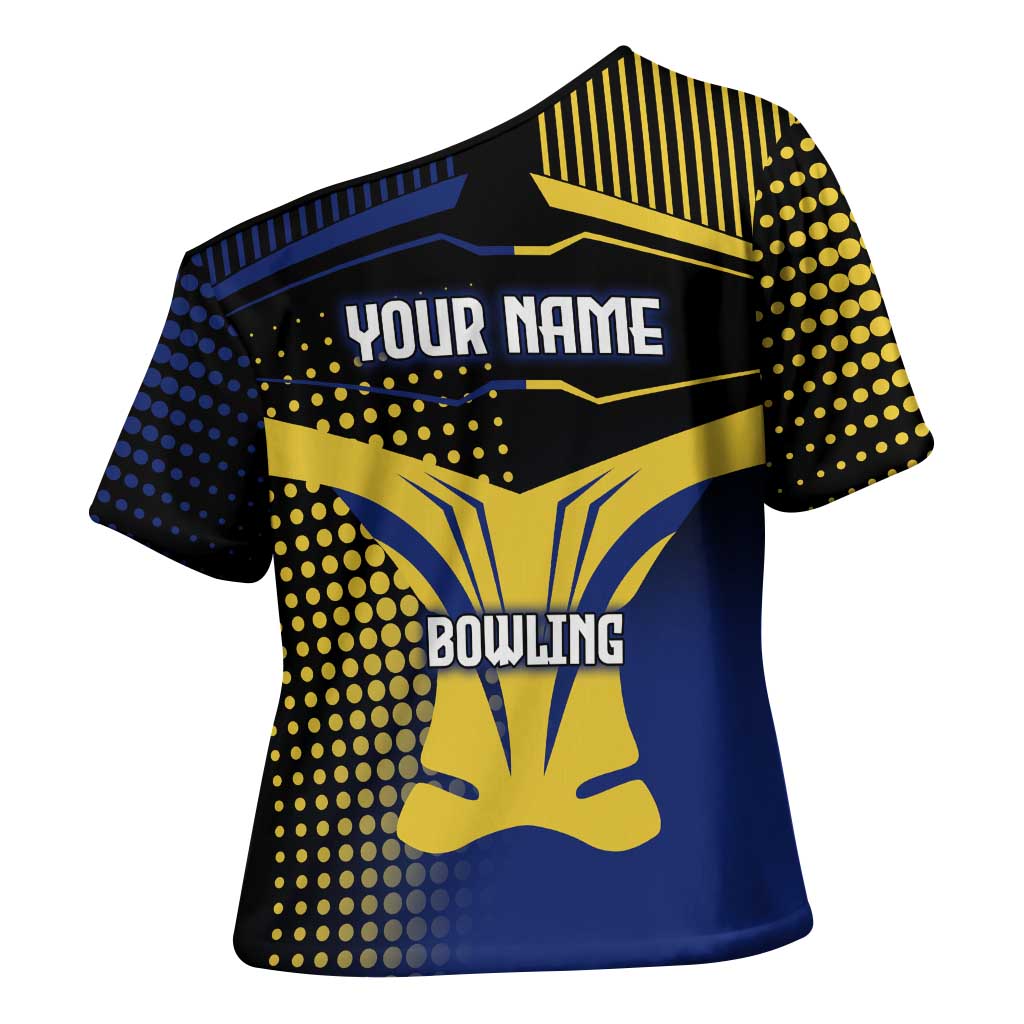 Personalized Blue and Yellow Bowling Cross Shoulder Shirt with Striking Pins Retro Dot Pattern Design - Wonder Print Shop