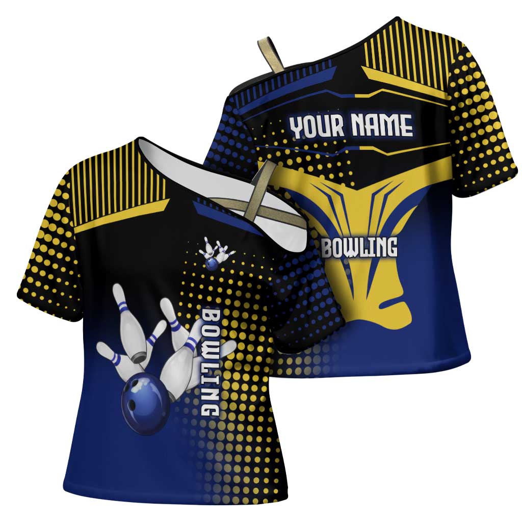 Personalized Blue and Yellow Bowling Cross Shoulder Shirt with Striking Pins Retro Dot Pattern Design - Wonder Print Shop