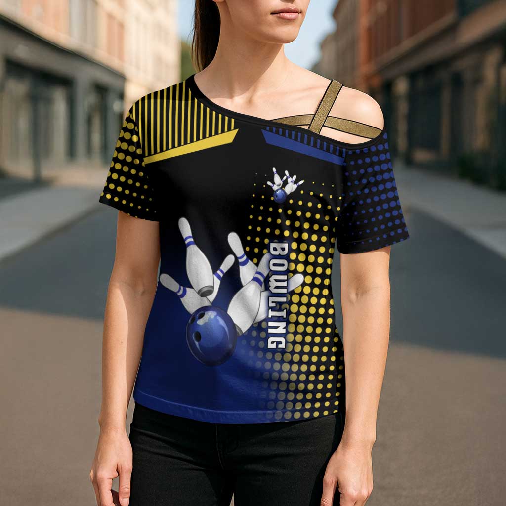 Personalized Blue and Yellow Bowling Cross Shoulder Shirt with Striking Pins Retro Dot Pattern Design - Wonder Print Shop