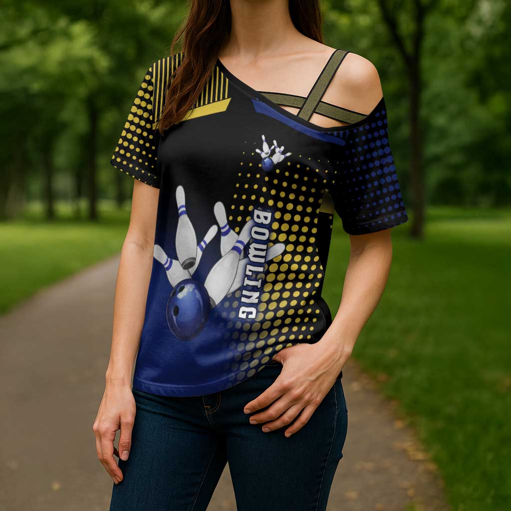 Personalized Blue and Yellow Bowling Cross Shoulder Shirt with Striking Pins Retro Dot Pattern Design - Wonder Print Shop