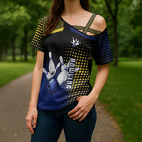Personalized Blue and Yellow Bowling Cross Shoulder Shirt with Striking Pins Retro Dot Pattern Design - Wonder Print Shop