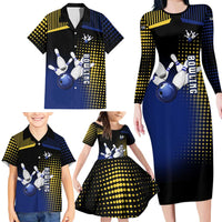 Personalized Blue and Yellow Bowling Family Matching Long Sleeve Bodycon Dress and Hawaiian Shirt with Striking Pins Retro Dot Pattern Design - Wonder Print Shop