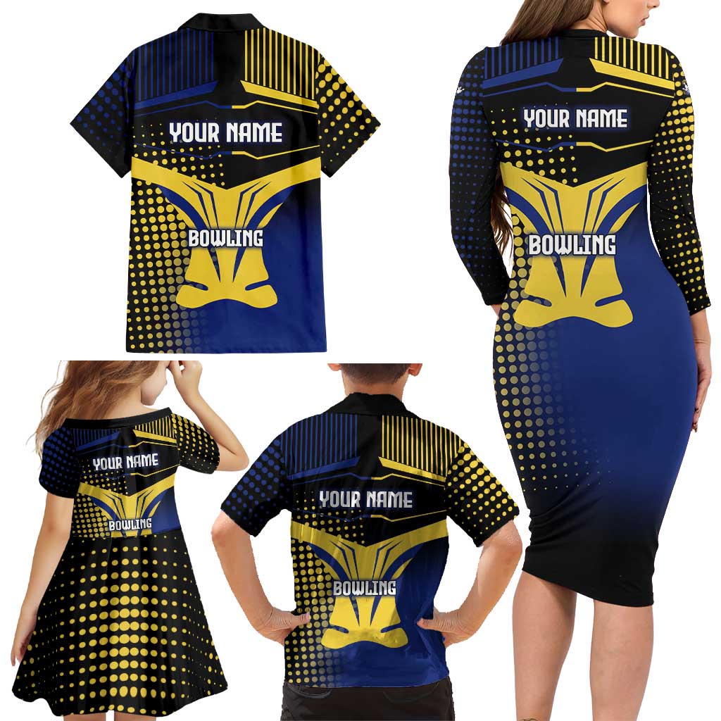 Personalized Blue and Yellow Bowling Family Matching Long Sleeve Bodycon Dress and Hawaiian Shirt with Striking Pins Retro Dot Pattern Design - Wonder Print Shop