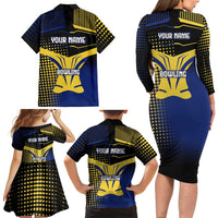 Personalized Blue and Yellow Bowling Family Matching Long Sleeve Bodycon Dress and Hawaiian Shirt with Striking Pins Retro Dot Pattern Design - Wonder Print Shop