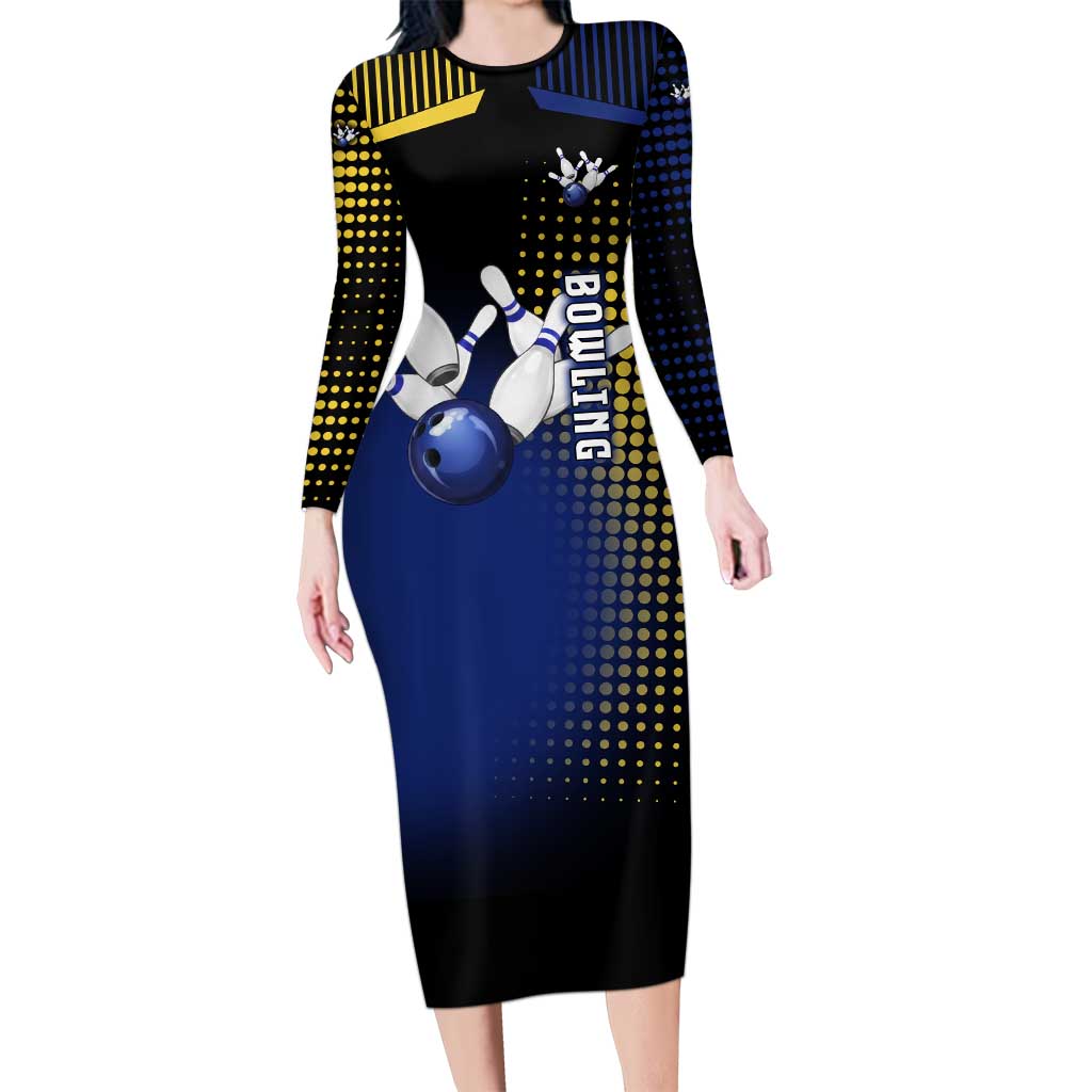 Personalized Blue and Yellow Bowling Family Matching Long Sleeve Bodycon Dress and Hawaiian Shirt with Striking Pins Retro Dot Pattern Design - Wonder Print Shop