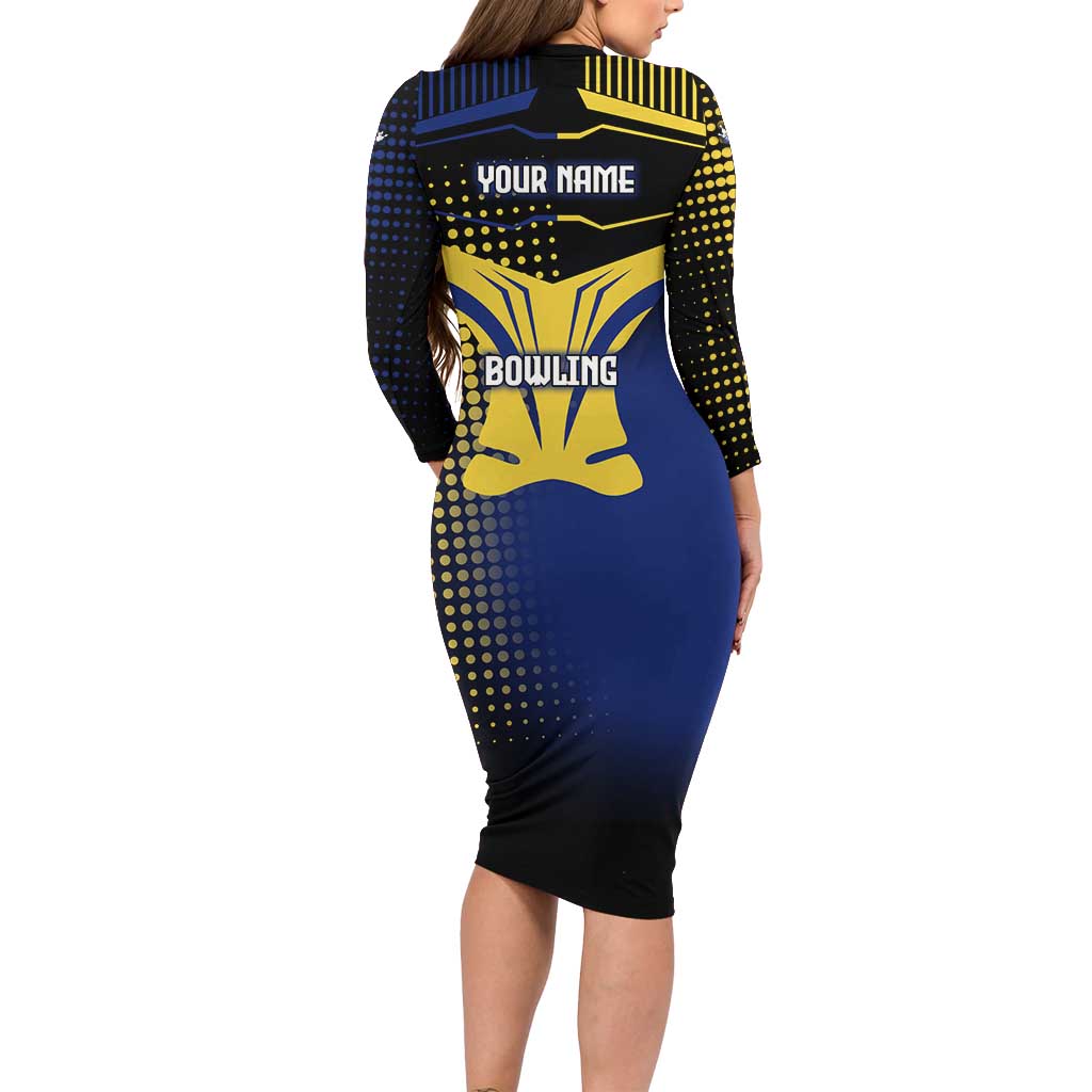 Personalized Blue and Yellow Bowling Family Matching Long Sleeve Bodycon Dress and Hawaiian Shirt with Striking Pins Retro Dot Pattern Design - Wonder Print Shop