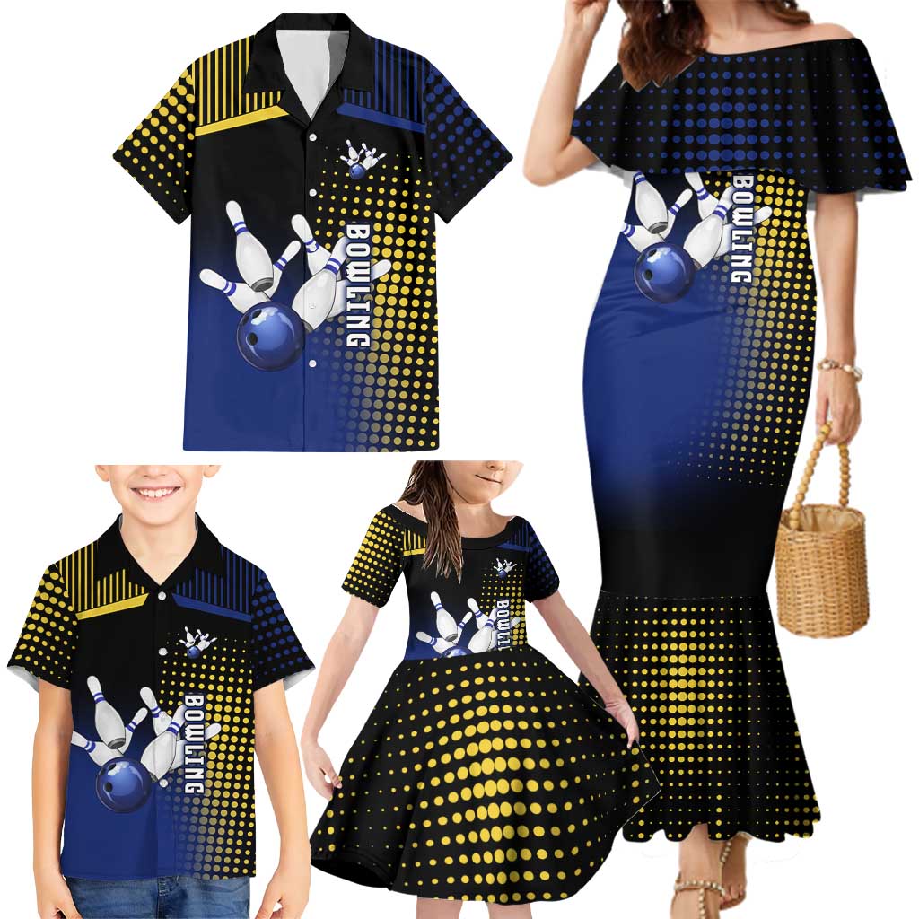 Personalized Blue and Yellow Bowling Family Matching Mermaid Dress and Hawaiian Shirt with Striking Pins Retro Dot Pattern Design - Wonder Print Shop