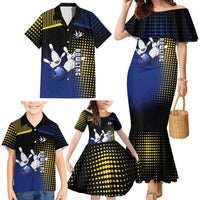 Personalized Blue and Yellow Bowling Family Matching Mermaid Dress and Hawaiian Shirt with Striking Pins Retro Dot Pattern Design - Wonder Print Shop