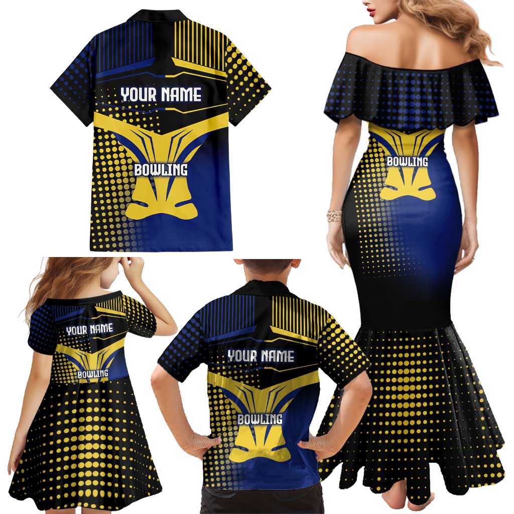 Personalized Blue and Yellow Bowling Family Matching Mermaid Dress and Hawaiian Shirt with Striking Pins Retro Dot Pattern Design - Wonder Print Shop