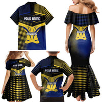 Personalized Blue and Yellow Bowling Family Matching Mermaid Dress and Hawaiian Shirt with Striking Pins Retro Dot Pattern Design - Wonder Print Shop