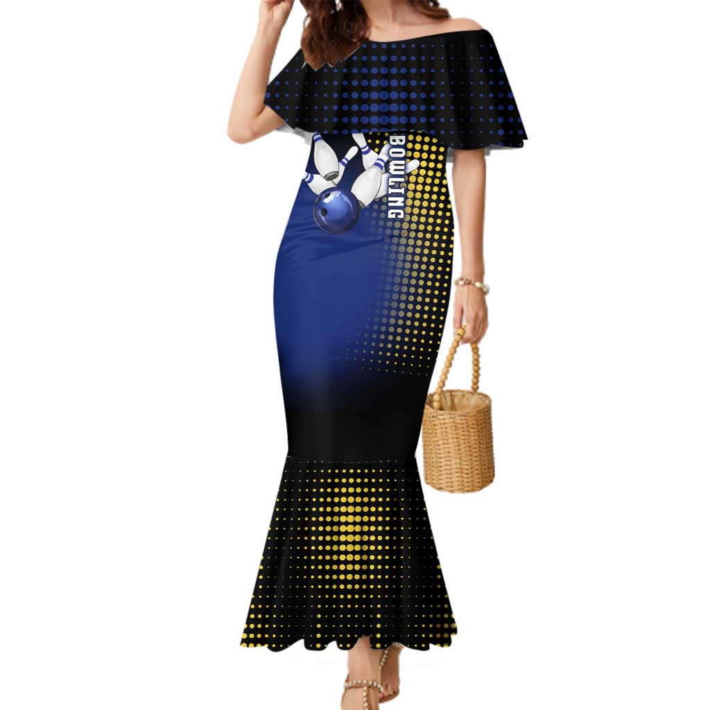 Personalized Blue and Yellow Bowling Family Matching Mermaid Dress and Hawaiian Shirt with Striking Pins Retro Dot Pattern Design - Wonder Print Shop