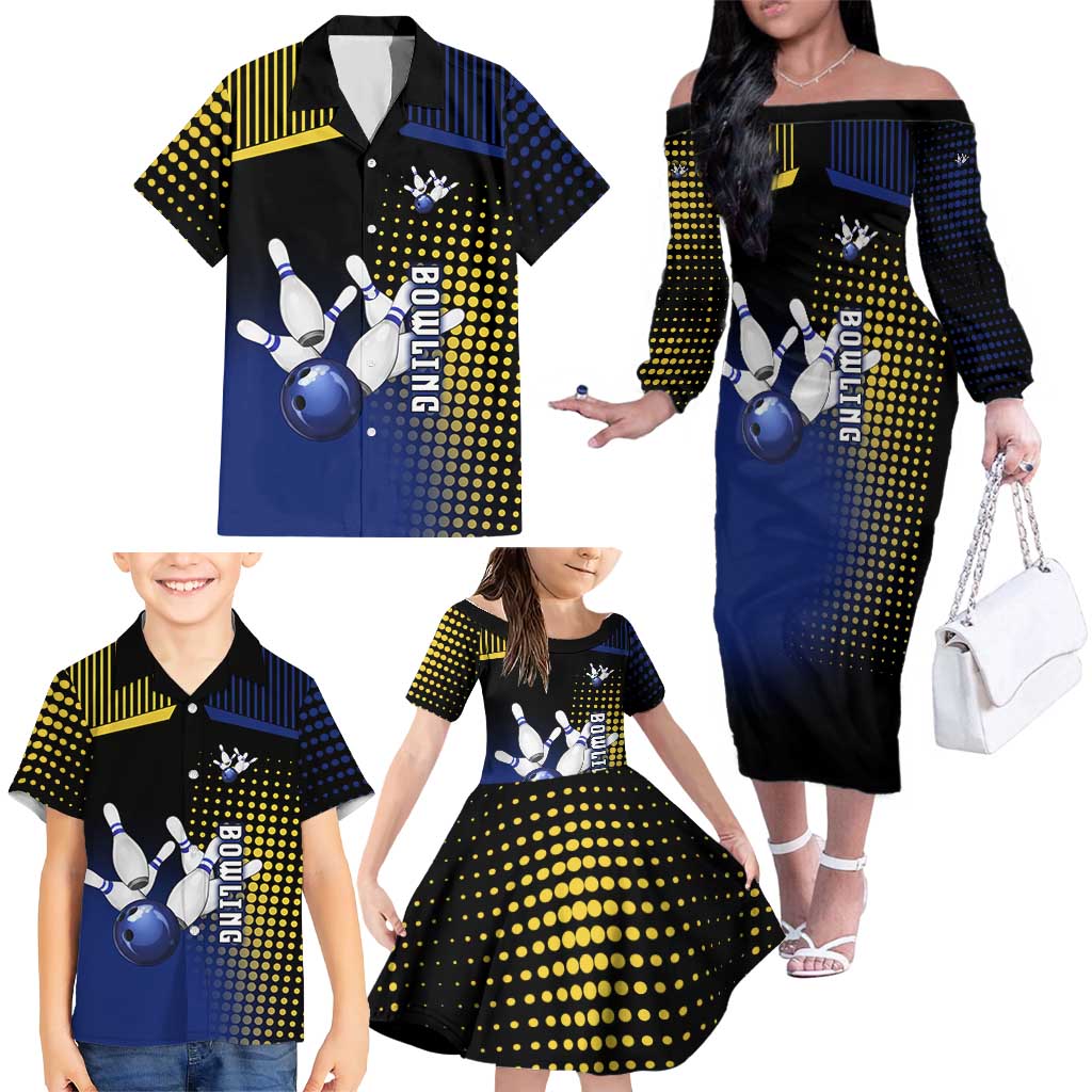 Personalized Blue and Yellow Bowling Family Matching Off The Shoulder Long Sleeve Dress and Hawaiian Shirt with Striking Pins Retro Dot Pattern Design - Wonder Print Shop