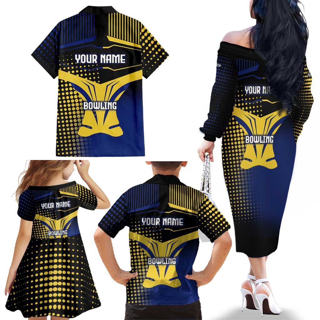 Personalized Blue and Yellow Bowling Family Matching Off The Shoulder Long Sleeve Dress and Hawaiian Shirt with Striking Pins Retro Dot Pattern Design - Wonder Print Shop
