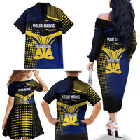 Personalized Blue and Yellow Bowling Family Matching Off The Shoulder Long Sleeve Dress and Hawaiian Shirt with Striking Pins Retro Dot Pattern Design - Wonder Print Shop