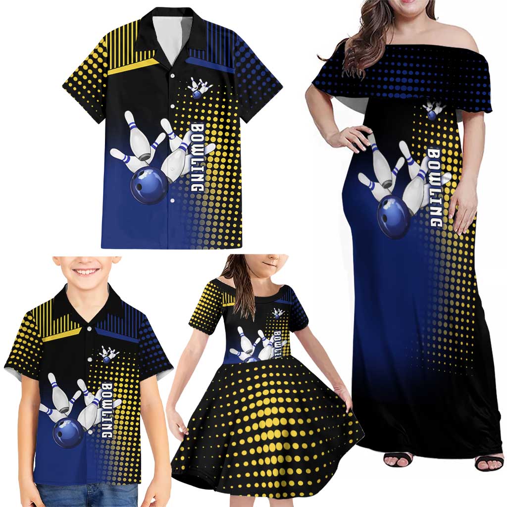 Personalized Blue and Yellow Bowling Family Matching Off Shoulder Maxi Dress and Hawaiian Shirt with Striking Pins Retro Dot Pattern Design - Wonder Print Shop