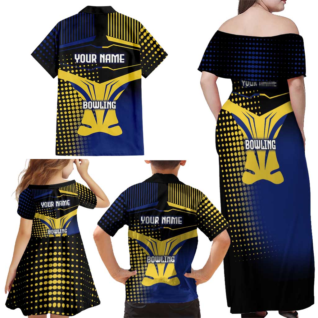 Personalized Blue and Yellow Bowling Family Matching Off Shoulder Maxi Dress and Hawaiian Shirt with Striking Pins Retro Dot Pattern Design - Wonder Print Shop