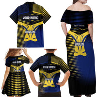 Personalized Blue and Yellow Bowling Family Matching Off Shoulder Maxi Dress and Hawaiian Shirt with Striking Pins Retro Dot Pattern Design - Wonder Print Shop