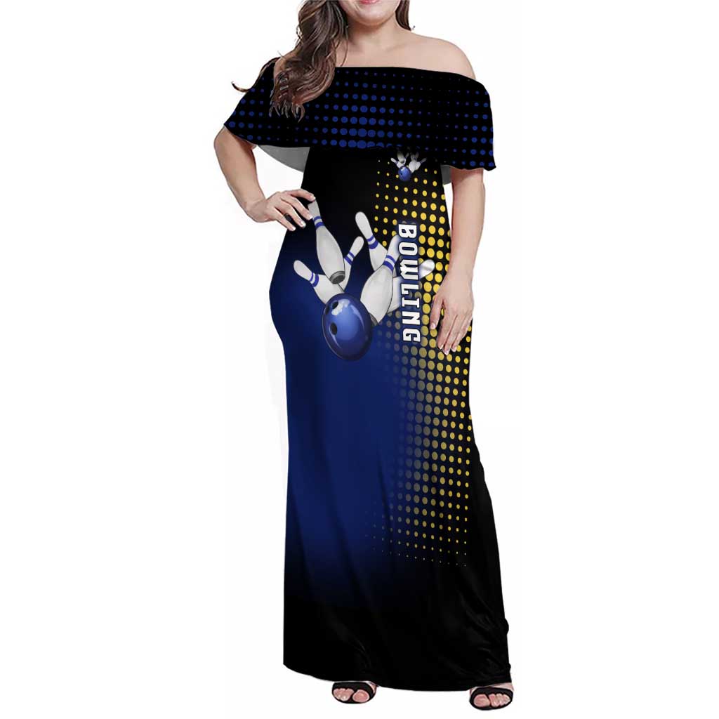 Personalized Blue and Yellow Bowling Family Matching Off Shoulder Maxi Dress and Hawaiian Shirt with Striking Pins Retro Dot Pattern Design - Wonder Print Shop