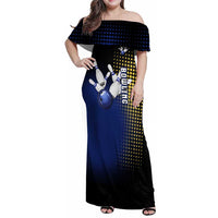 Personalized Blue and Yellow Bowling Family Matching Off Shoulder Maxi Dress and Hawaiian Shirt with Striking Pins Retro Dot Pattern Design - Wonder Print Shop
