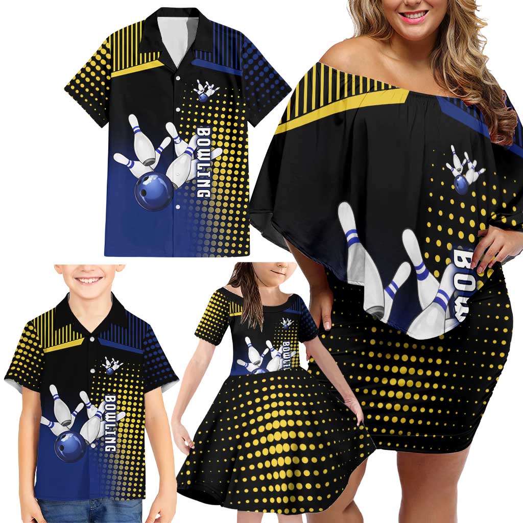 Personalized Blue and Yellow Bowling Family Matching Off Shoulder Short Dress and Hawaiian Shirt with Striking Pins Retro Dot Pattern Design - Wonder Print Shop