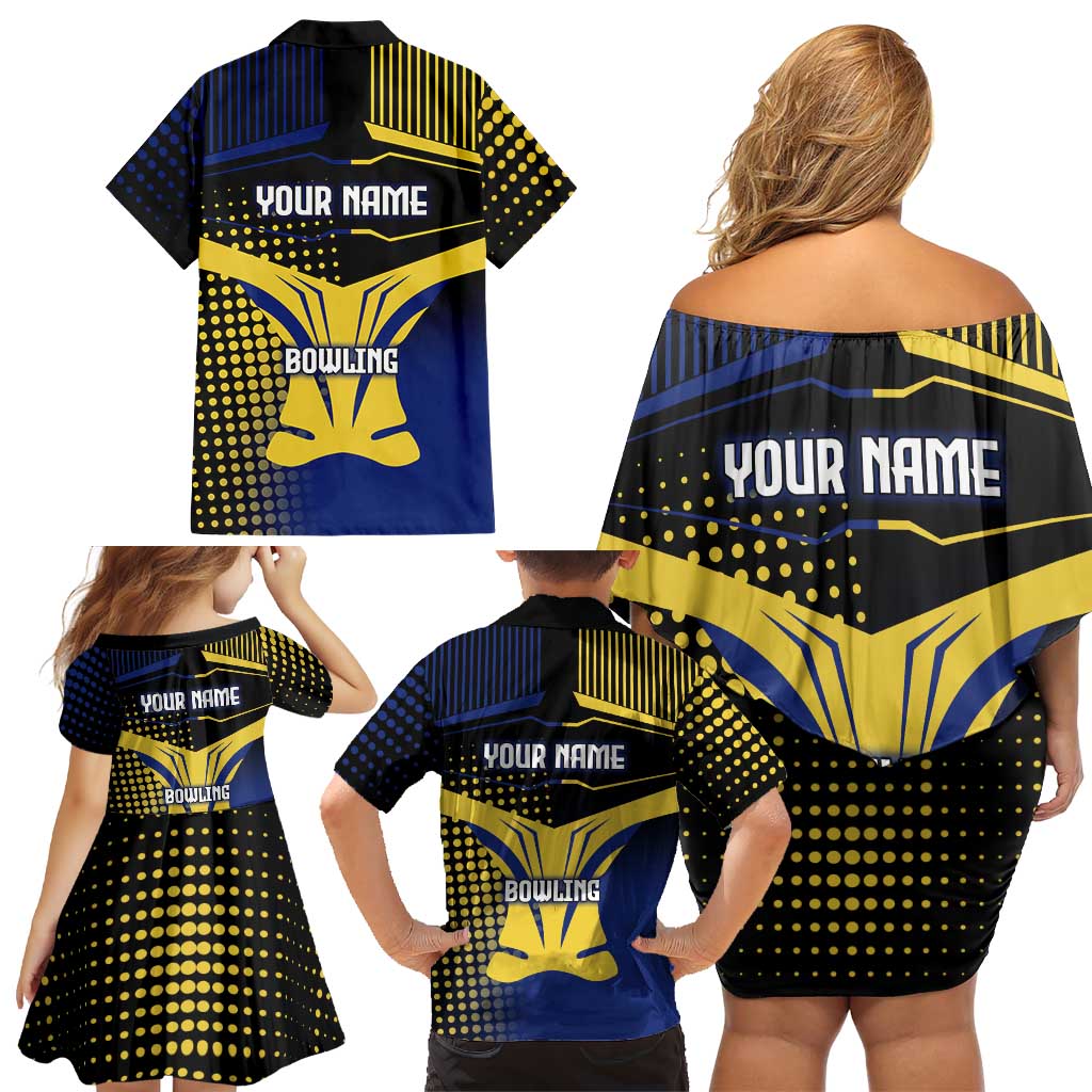 Personalized Blue and Yellow Bowling Family Matching Off Shoulder Short Dress and Hawaiian Shirt with Striking Pins Retro Dot Pattern Design - Wonder Print Shop