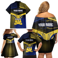 Personalized Blue and Yellow Bowling Family Matching Off Shoulder Short Dress and Hawaiian Shirt with Striking Pins Retro Dot Pattern Design - Wonder Print Shop