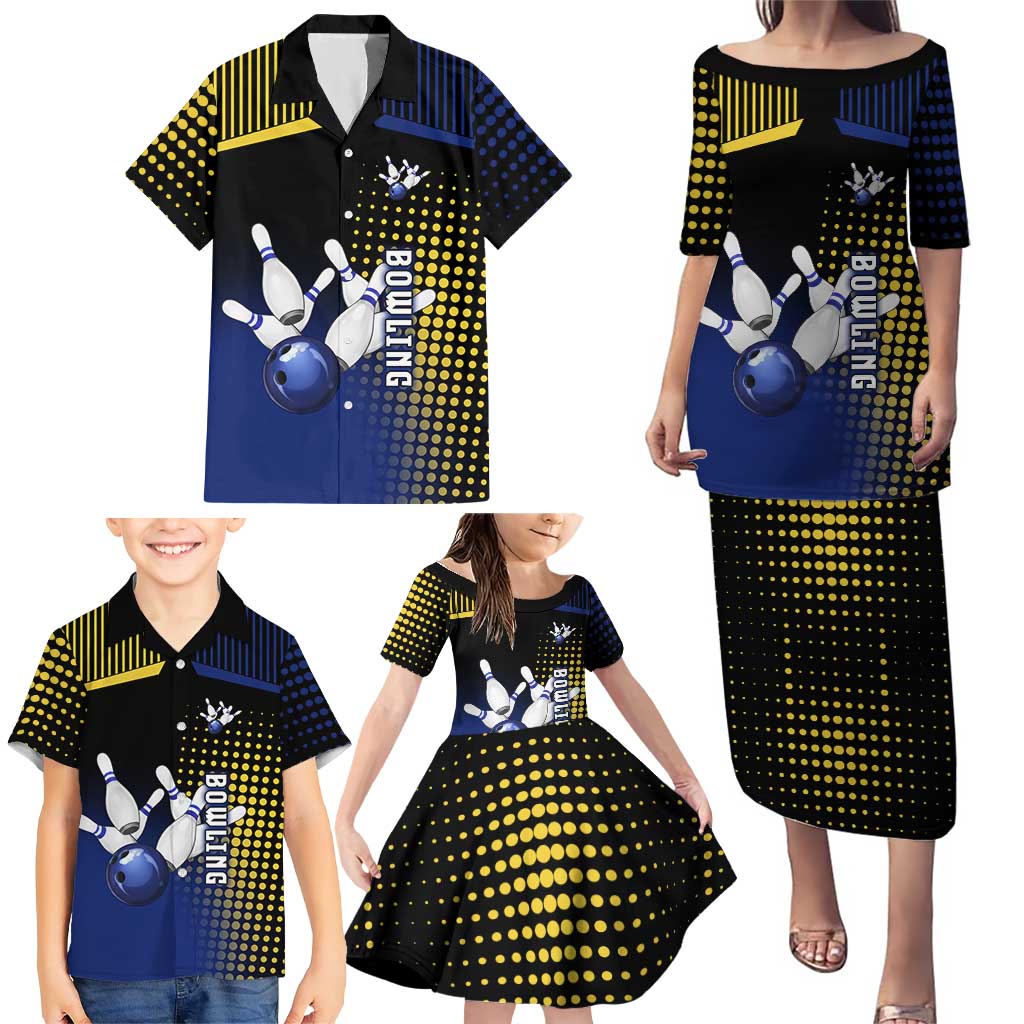Personalized Blue and Yellow Bowling Family Matching Puletasi and Hawaiian Shirt with Striking Pins Retro Dot Pattern Design - Wonder Print Shop