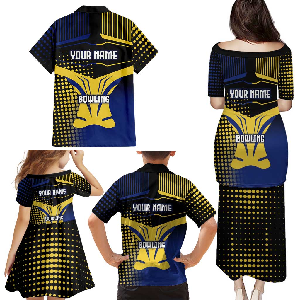 Personalized Blue and Yellow Bowling Family Matching Puletasi and Hawaiian Shirt with Striking Pins Retro Dot Pattern Design - Wonder Print Shop
