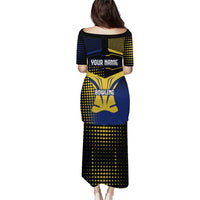 Personalized Blue and Yellow Bowling Family Matching Puletasi and Hawaiian Shirt with Striking Pins Retro Dot Pattern Design - Wonder Print Shop